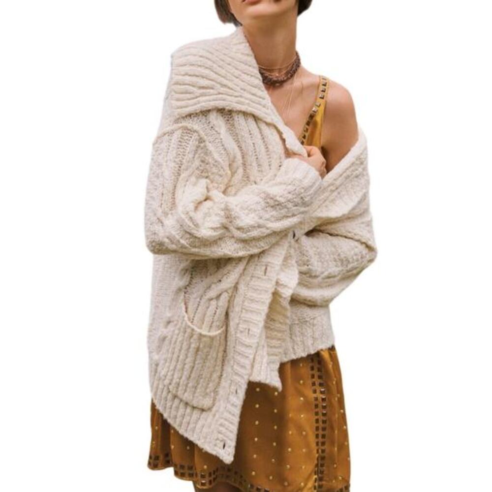Anthropologie Pilcro Ivory Cable Knit Wool Blend Chunky Cardigan Sweater Size XS